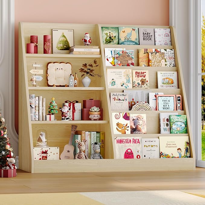 6 Tier Kids Bookshelf and Toy Storage Organizer, Child-Friendly Height & Stable Triangle Design, Toddler Book Shelf for Kids Room, Playroom, Bedroom, Classroom, Nursery, School, Natural