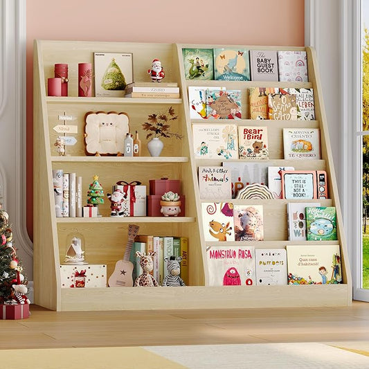 6 Tier Kids Bookshelf and Toy Storage Organizer, Child-Friendly Height & Stable Triangle Design, Toddler Book Shelf for Kids Room, Playroom, Bedroom, Classroom, Nursery, School, Natural