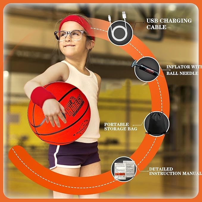 Glow in The Dark Basketball - Water-Resistant, Size 7, Impact Activated, Includes Pump, Manual, Pre-Installed Batteries & 10 Extra Batteries - Light Up Basketball - Orange