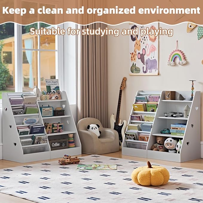 Lerliuo 4 Tier Kids Bookshelf and Storage Organizer, Five Layer Sling Children Bookcase, Baby Toddler Wooden Book Shelf, Display Cabinet for Playroom, Bedroom, Classroom, Nursery, School (Grey)