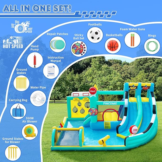Bounce House Double Slides for Kids 3-10, Large Bounce Castle with Air Blower 550W, Pool, Jumping, Climbing, Balls, Ring Toss, Inflatable Water Park for Birthday Party Holiday Outdoor Indoor