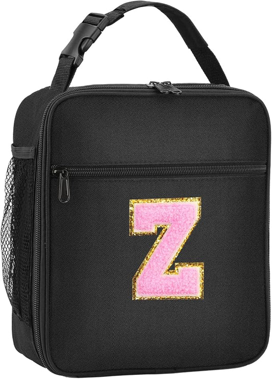 Initial Insulated Lunch Bag, Lunch Box with Initial Letter Patch for Teen Adult, Reusable Lunch Bag for Men Women, Ideal Back to School Gift Birthday Gift, Pink Z