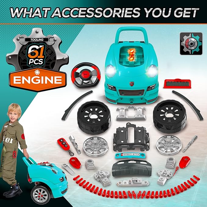 Qaba Truck Engine Toy, Kids Mechanic Set with Lights, Sounds, Steering Wheel and Horn, Pretend Car Service Station Play with 61-Piece Included, Toy Engine Building Kit for Kids Aged 3+, Blue