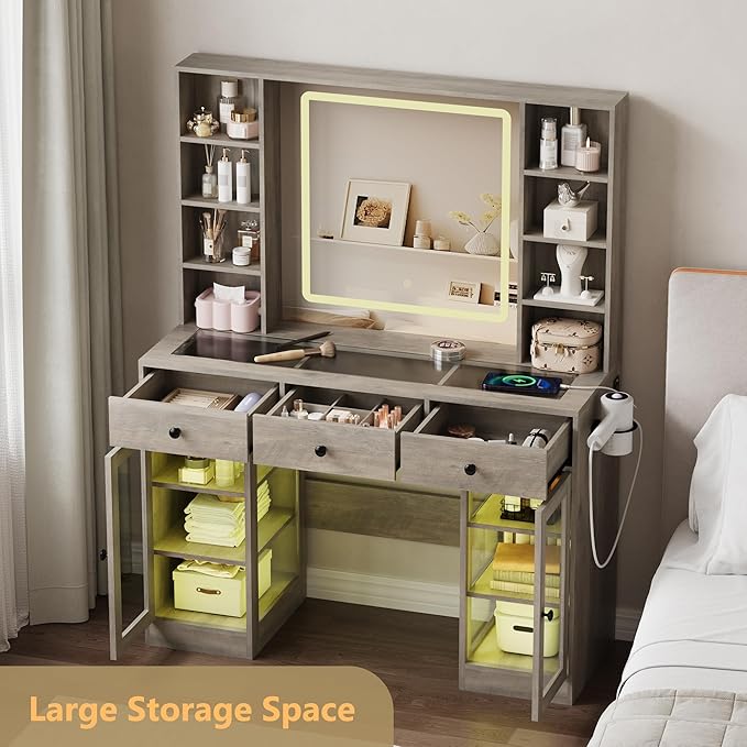 Vanity Desk with Mirror and Lights, White Makeup Vanity with Glass Top & Drawers, 3 Lighting Modes, Power Outlet, RGB Glass Cabinets, Modern Dressing Table for Girls, Women, Teens