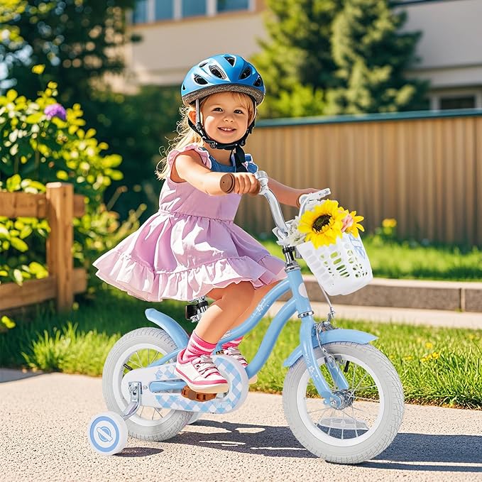 BABY JOY Kids Bike, 12 14 16 18 20 Inch Boys Girls Bike w/Adjustable Seat, Removable Basket, Handbrake & Coaster Brake, Training Wheels or Kickstand, Kids Bicycle with Multi-Color