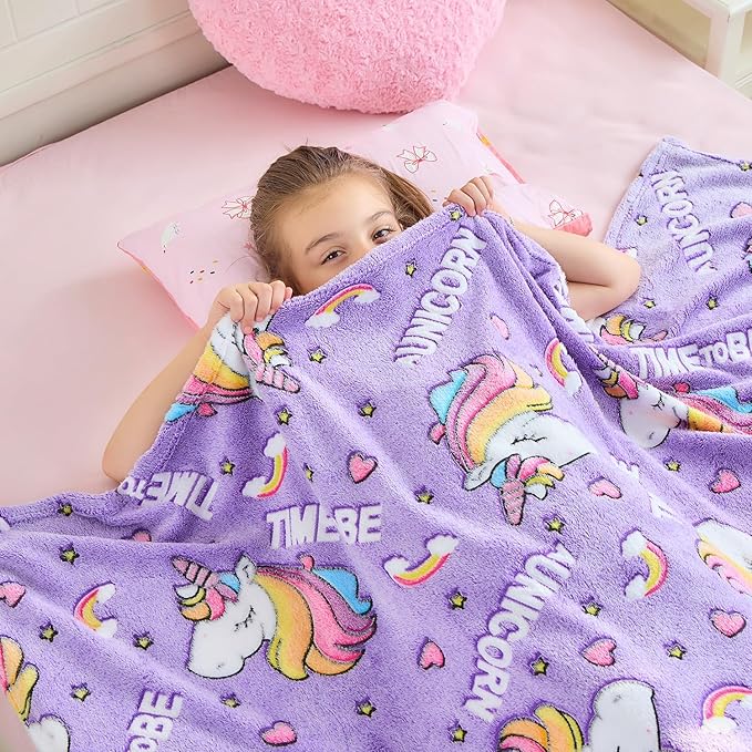 Wajade Unicorn Gifts for Girls - Glow in The Dark Unicorn Blanket Birthday Christmas Decor for Kids Age 3 4 5 6 7 8 9 10 11 12 Years Old Teens Child Toddler Throw Violet 60"x80"