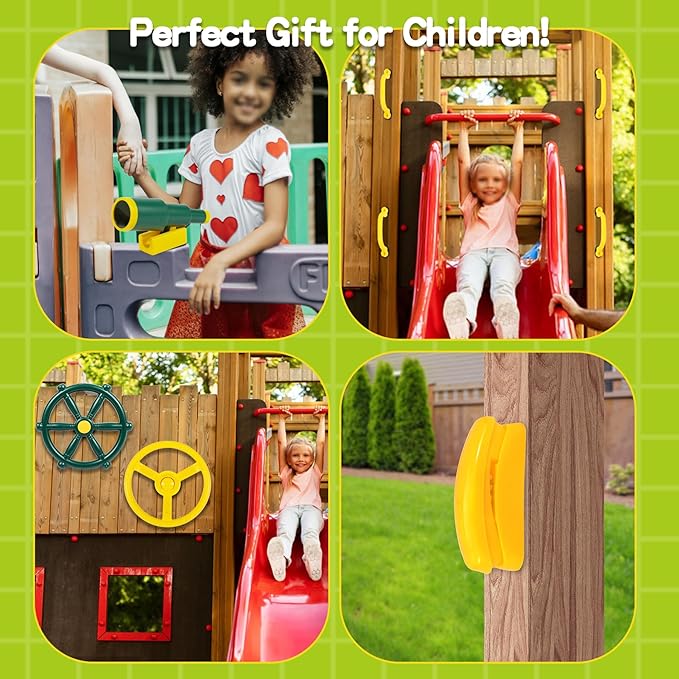 RedSwing Playground Accessories for Kids, Outdoor Playground Attachments with 2 Pirate Ship Wheel, Toy Telescope, Telephone and Safety Handles (Yellow and Green)
