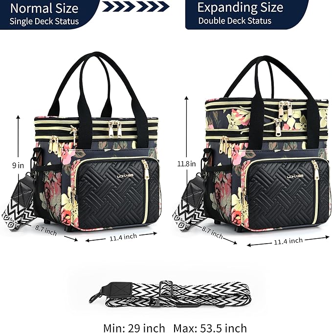 LOKASS Lunch Box & Lunch Bag for Women Men Double Deck, Large Insulated Adult Lunch Box Leakproof Lunchbox Cooler Bag for Work Picnic Beach,（Floral 16L）
