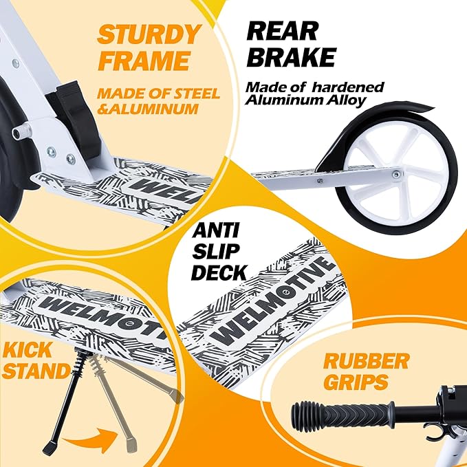 Kick Scooter for Kids Ages 6+, Teens & Adults, Adjustable Handlebars, Rear Brake, Big Wheel Foldable Scooter for Indoor & Outdoor