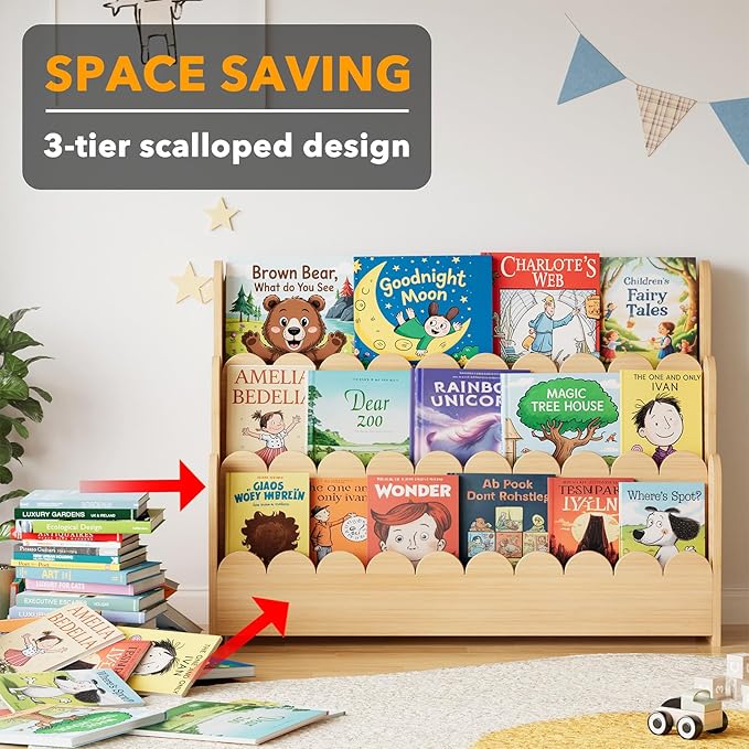 SpaceAid 3-Tier Scalloped Bookshelf, Montessori Bookcase for Toddlers, Wooden Book Shelf Organizer Display Furniture for Kids Rooms, Playroom, Nursery and Classroom, 36.7“ Wide, Natural