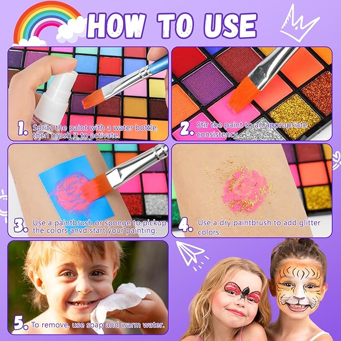 54 Colors Face Painting Kit for Kids,18 Colors Split Cake Water Activated Face Paint Palette, Body Paint for Adults, Non Toxic Makeup Professional for Halloween,Christmas,Cosplay,Parties, Birthdays