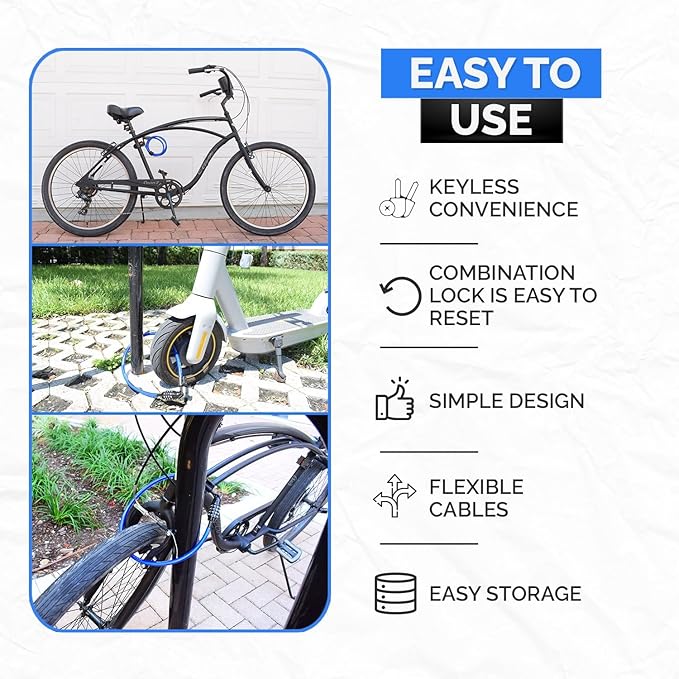 Security Cable Lock Set, Resettable Combination Lock, Mounting Bracket, Portable and Compact for Bikes, Scooters and More, 4ft