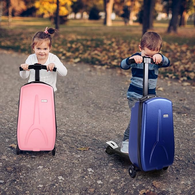 Scooter Luggage for Kids Scooter Suitcase for Ages 4-12, 4 in 1 Kids Luggage Boarding Suitcase Detachable & Foldable Scooter Travel Trolley Ride On Luggage-Pink