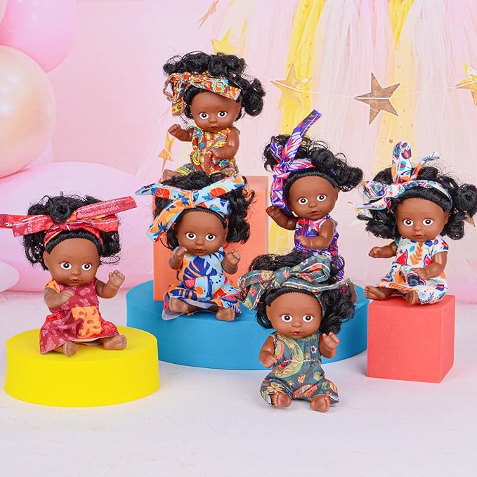 6 Pack 4 Inch African Girl Dolls Set - Black Mini Dolls with Colorful Outfits & Hairbands – Gift for Girls 3-6, 6-12 Educational Toys & Decorative Figures