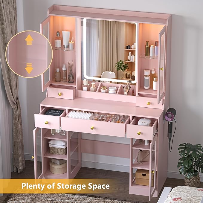 Makeup Vanity Desk with Mirror and Lights, 41" Pink Vanity Set with 5 Drawers & 4 Glass Cabinets, Power Outlet & Adjustable LED Lights, Dressing Table for Women & Girls Bedroom