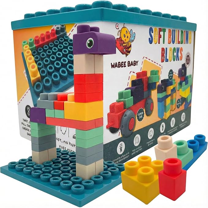 Big Soft Building Blocks for Toddlers 1-3 Year Olds - 40-Pieces Mega Blocks with Baseboard for Sensory & Motor Skills - STEM Large Squishy Rubber Blocks for Babies - Montessori Stacking Baby Toys