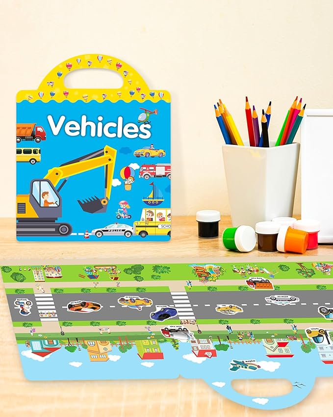 Benresive Reusable Sticker Book for Toddlers 2-4 Years, Fun Travel Stickers for Kids, Waterproof Sticker Books for Toddlers 1-3, Crafts Activities for Toddler 1-3 2-4 3-5 - Vehicle