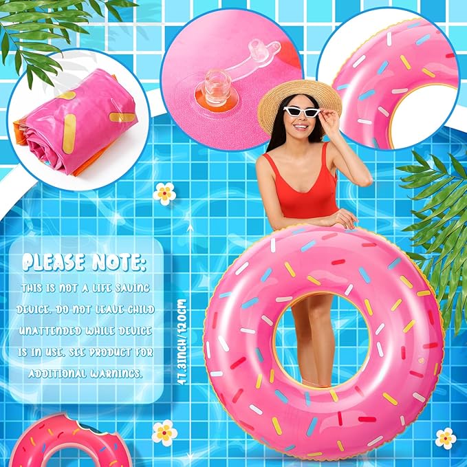 2 Pack 47.24 Inches Jumbo Donut Pool Floats for Adults Lovely Donut Inflatable Tube Swim Rings Floaties for Pool, Large Donut Inflatable for Party Decorations Supplies