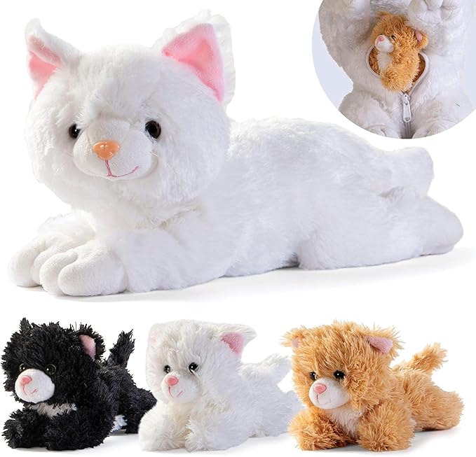 PREXTEX Plush Cat Toys Stuffed Animal with 3 Cats Baby Stuffed Animals - Big Cat Zippers 3 Little Plush Baby Kittens - Cat Stuffed Animal with Babies - Gift for Cat Lovers, Cat Stuffed Animals