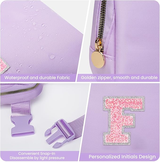 Belt Bag Fanny Pack Crossbody Bags with Initials Letter Patch，Gift Idea for Tween Daughter Granddaughter Niece Her，Cute Stuff Birthday Gifts for Teenager Girls Trendy Stuff for Teens (Lavender, F)