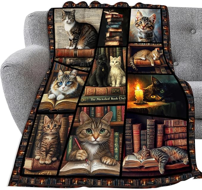 Book Lovers Throw Blanket Gift for Readers Soft Cat Lover Flannel Blanket Lightweight Cozy Blankets Gift for Women and Men Couch Sofa Bed 50" x 40"