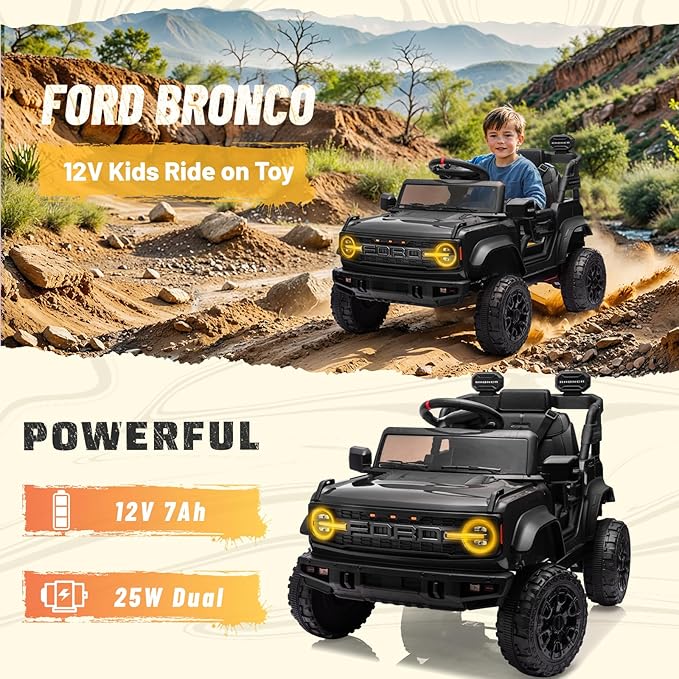 12V Ride on Toy for Kids, Ford Bronco Raptor Kids Electric Car with Parent Remote Control, Battery Powered Truck Car with 4-Wheel Suspension, LED Light, Bluetooth, 3 Speeds (12V, Black)