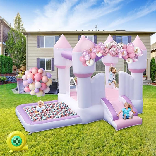 Inflatable Bounce House for Kids, White Bounce House with Slide, Jumping Bouncy Castle for Kids Birthday Party, Wedding, Backyard Indoor/Outdoor Purple (with Blower)