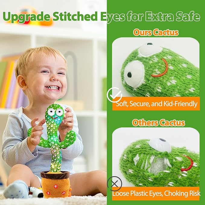 Talking Dancing Cactus Plush Toy for Baby Toddler 6-18 Months - Volume Adjustable Mimicking and Singing Cactus with Music & Light - Funny Birthday Gifts for 1 Year Old Boy Girl