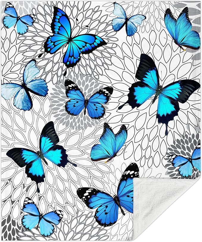 Butterfly Blanket Beautiful Blue Butterfly Throw Blanket Ultra Soft Flannel Butterflies Blanket Gifts for Kids Adults 60"X50"