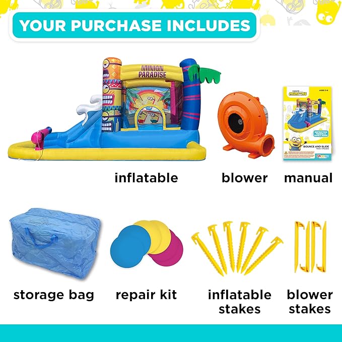 Funormous Minions Bounce House with Slide, Ball Pit & Water Cannon – Indoor/Outdoor Tropical Inflatable with GFCI Air Blower for Kids Ages 3–8