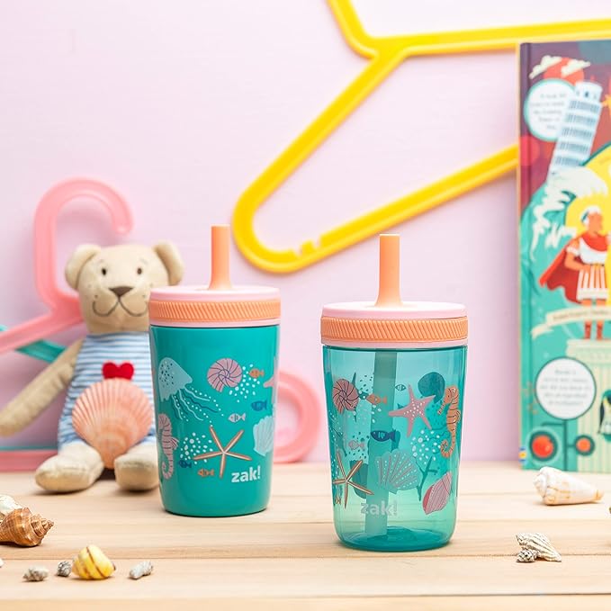 Zak Designs Shells Kelso Tumbler Set, Leak-Proof Screw-On Lid with Straw, Bundle for Kids Includes Plastic and Stainless Steel Cups with Bonus Sipper (3pc Set, Non-BPA)