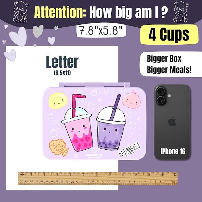 BEARFOOT Kids Lunch Box with Compartments – Compact & Lightweight | Leak-Proof, BPA-Free, Dishwasher & Microwave Safe | Hand-Drawn Design for Preschool, School, Travel (BubbleTea Purple, 4 Cups)