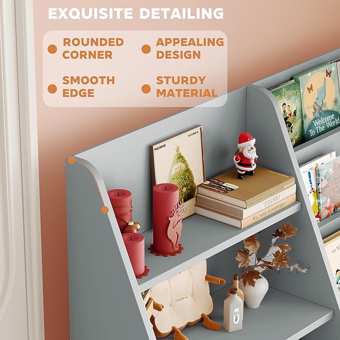 6 Tier Kids Bookshelf and Toy Storage Organizer, Child-Friendly Height & Stable Triangle Design, Toddler Book Shelf for Kids Room, Playroom, Bedroom, Classroom, Nursery, School, Grey