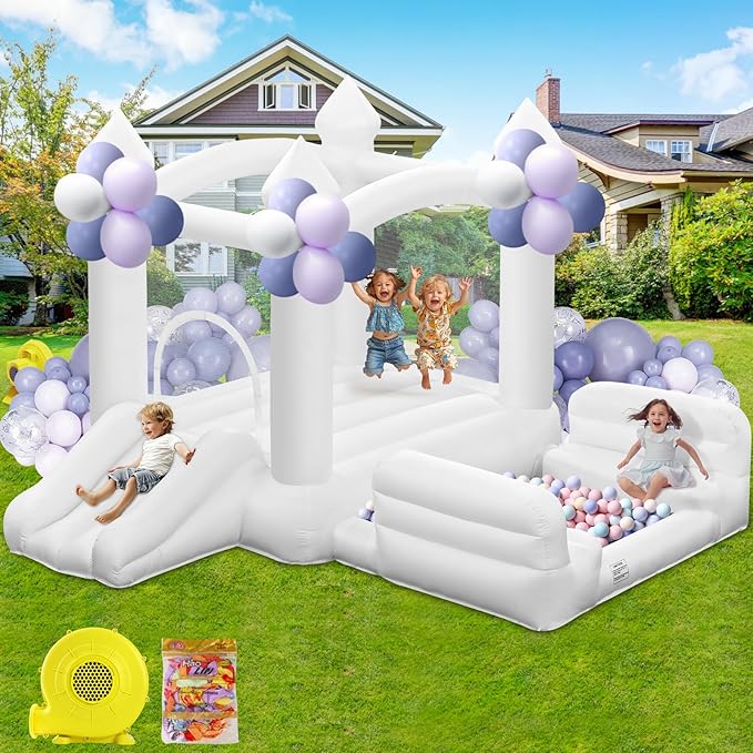 White Bounce House for Kids 3-8, Large Inflatable Bouncy House with Air Blower Slide Ball Pit Jumping 100 Balloons, Bouncy Castle for Party Birthday Wedding Event Indoor Outdoor (10x6x6FT)