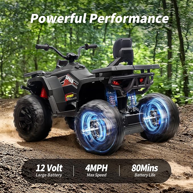 12V Kids 4 Wheeler ATV, 2-Seater Electric ATV Four Wheeler for Big Kids with Bluetooth, 14.4" Big Wheels - Black