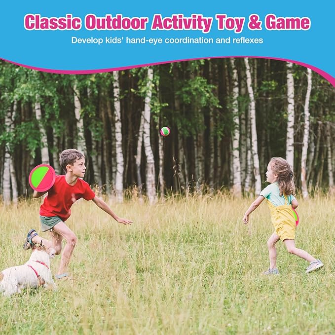 Kids Outdoor Toys - Toss and Catch Game Set, Outside Yard Camping Beach Pool Toys Games for Boys Girls 3 4 5 6 7 8 9 10 Year Old, 4 Paddles 4 Balls (Pink+Pink)