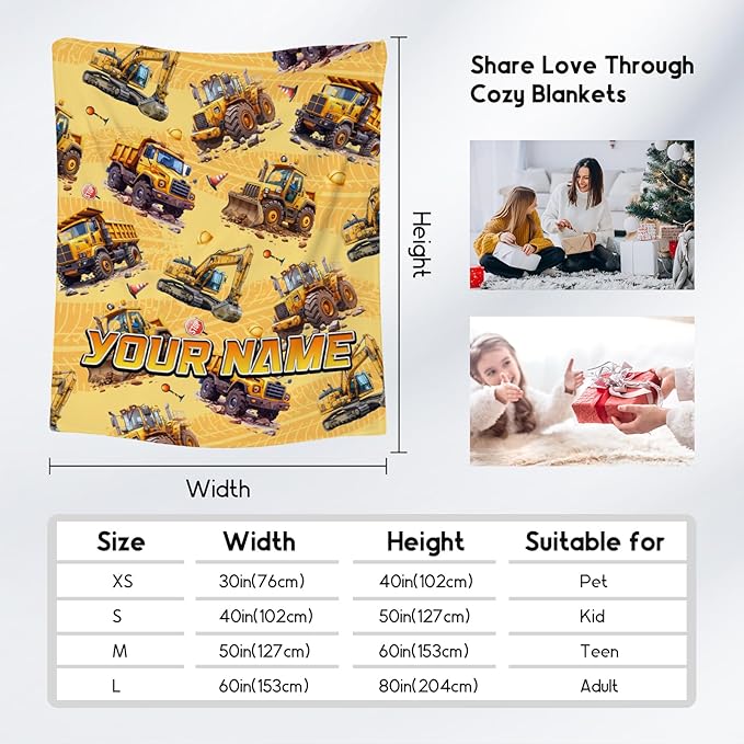 Toddler Blanket for Boys - Custom Construction Truck Gifts for Kids - Personalized Excavator Fleece Throws for Couch Sofa (4 Sizes)