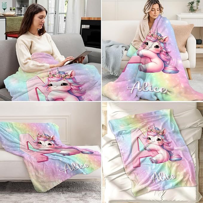 Unicorn Blanket Gifts for Girls, Custom 40 x 50 Inches Teens Monogram Blanket with Name - Personalized Cute Pink Initial Throw for Unicorn Lovers