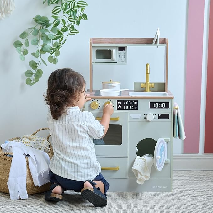 Teamson Kids Little Chef Lake Tahoe Smart Play Kitchen with Washing Machine, Oven, Microwave & Ample Storage, Neat & Compact Healthy Play for Age 3+, Sage Green
