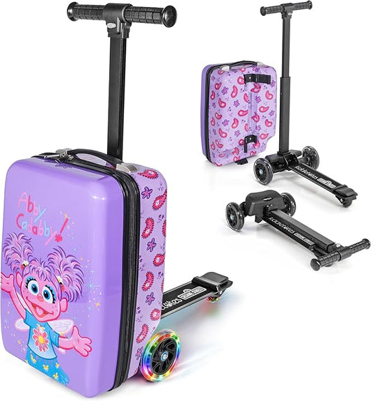 KIDDIETOTES Sesame Street 4-in-1 Detachable Scooter Luggage for Kids – Abby Cadabby – Ride-On Suitcase with Removable Luggage Body, Adjustable Handlebar, Durable Deck & Brake – Carry-On Travel Bag