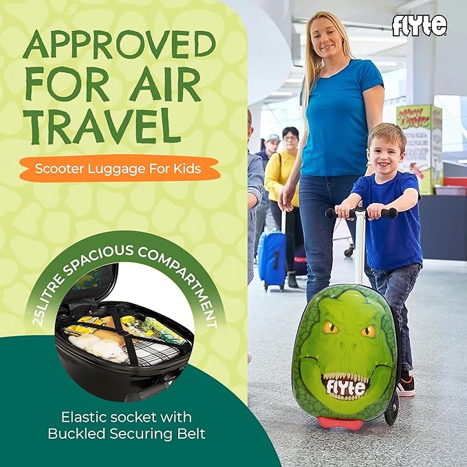 Flyte Darwin The Dino Scooter Suitcase - Rideable, Carry on Compliant 2-in-1 Children's Suitcases, 18 inch Ride on Suitcase for Kids, 25 Litre Capacity Kids' Luggage on Wheels for Children Aged 4+