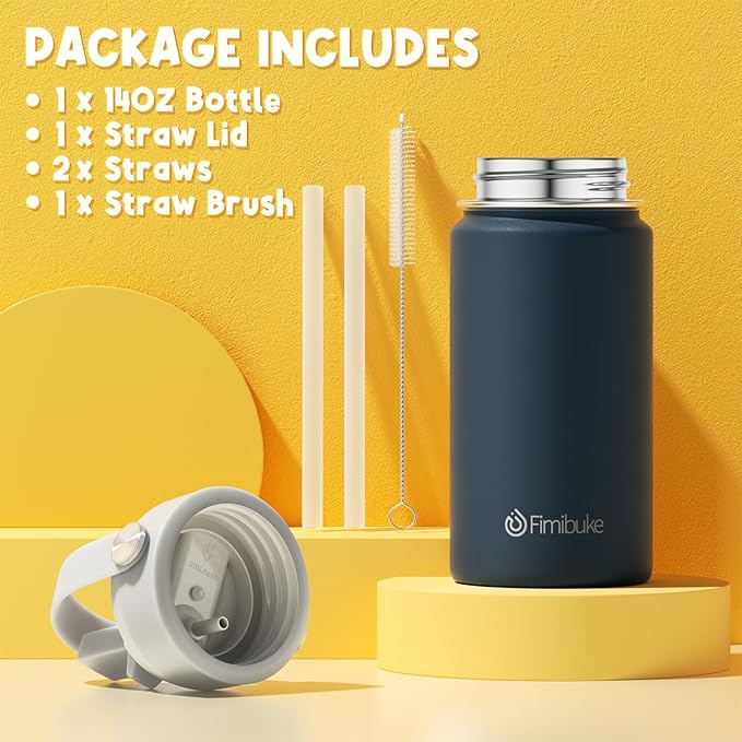 Fimibuke Kids Insulated Water Bottle, 14oz BPA FREE 18/8 Stainless Steel Travel Tumbler Double Wall Vacuum Leak Proof Kids Cup with Straw Metal Water Bottle for School Boys Girls(1 Pack, Black)