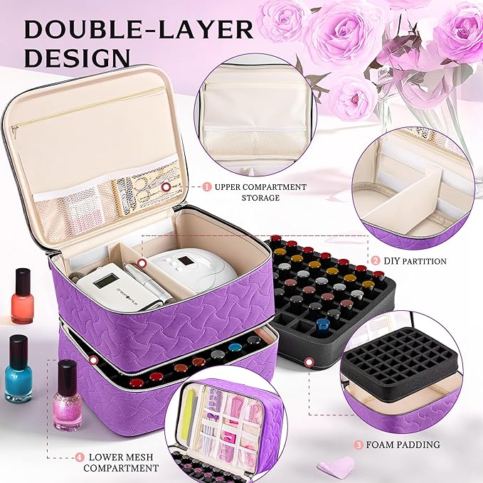 DreamGenius Nail Polish Organizer Case Holds 42 Bottles, Portable Double-Layer Nail Polish Storage Bag with Adjustable Dividers for Manicure Tools, Purple