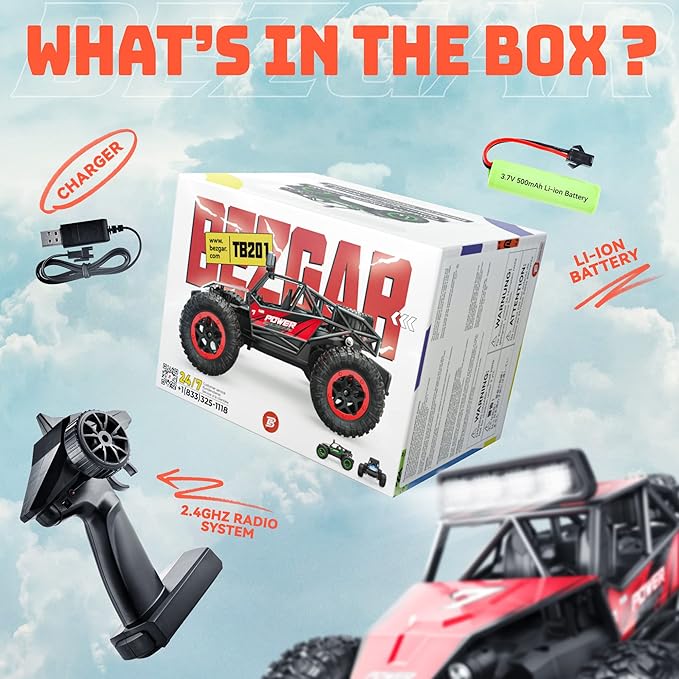BEZGAR TB201 RC Cars-1:20 Scale Remote Control Car-2WD High Speed 20 Km/h Electric Toy Off Road Vehicle Monster Truck Crawler with LED Headlight and Rechargeable Battery for 8-12 Year Old Boys Girls
