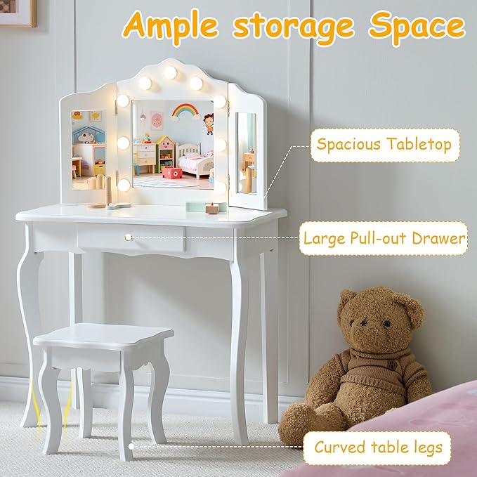 Kids Vanity, Little Girls Vanity Set with Stool and Light, 2 in 1 Wooden Kids Vanity Table and Chair Set, Princess Makeup Table with Drawer for Girls