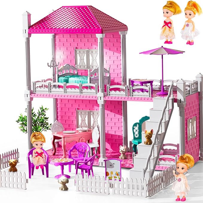 Villa Playset for Girls Ages 3-7, Indoor Playset Girls Toys with 2 Storeys 3 Rooms 2 Dolls for Ages 6-8, Furniture and Accessories, Pretend Toddler Toy, Birthday Gifts for Kids 3 4 5 6 7 8
