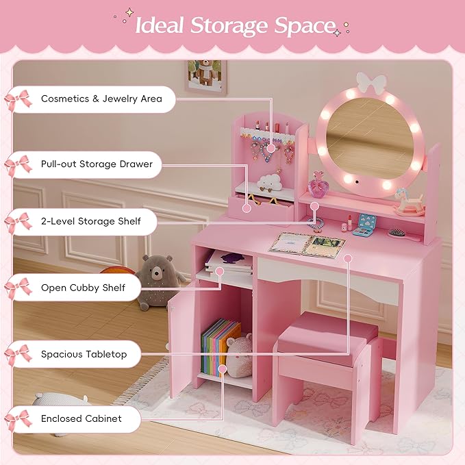 TOLEAD Kids Vanity, Girls Vanity Set with Mirror and Stool and Lights, Toddler Vanity Table and Chair Set with Jewelry Storage, Wooden Princess Makeup Desk Dressing Table for Little Girls (Pink)