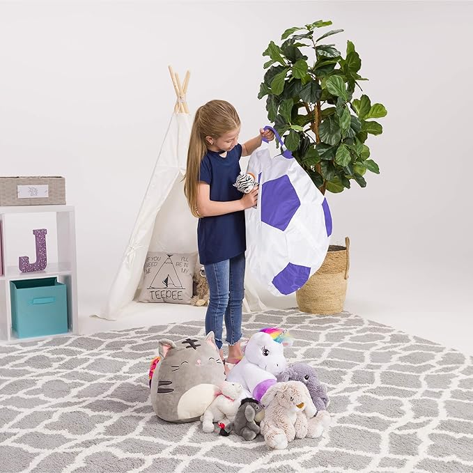Posh Creations Kids Stuffed Animal Storage Bean Bag Chair Cover - Childrens Toy Organizer, Medium-27in, Sports Soccer Ball Purple and White