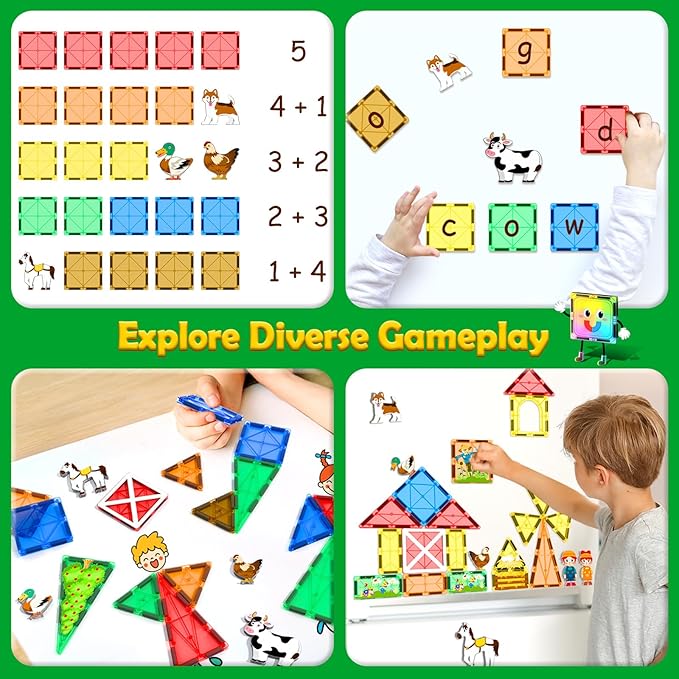 Magnetic Tiles with Farm Animals, Magnetic Blocks Building Toys for 3+ Year Old Toddler, Construction STEM Magnet Toys Gift for Kids, Boys and Girls 3 4 5 6 7 8+ Year Old