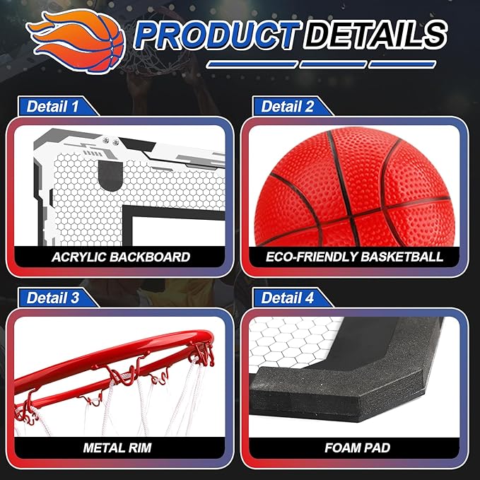 Indoor Mini Basketball Hoop Set, Upgrade Wall Mount Basketball Hoop for Wall Yard Outdoor, Over Door Room Hoops Game with 4 Balls Shatter Resistant Backboard -Complete Accessories Included